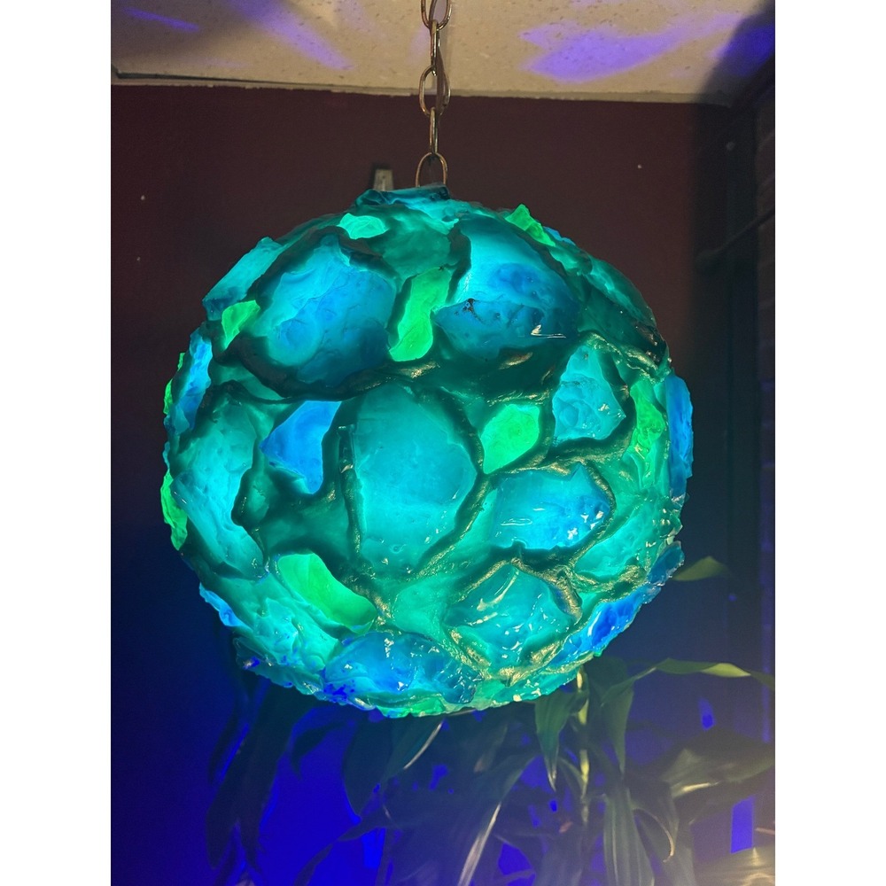 Vintage MCM Resin Swag Lamp Turquoise Green Blue Textured Globe Pendant Light